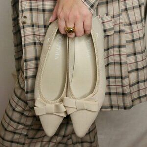 VIVAIA Pointed-Toe Bow Flats-Cream Ivory Women's 7